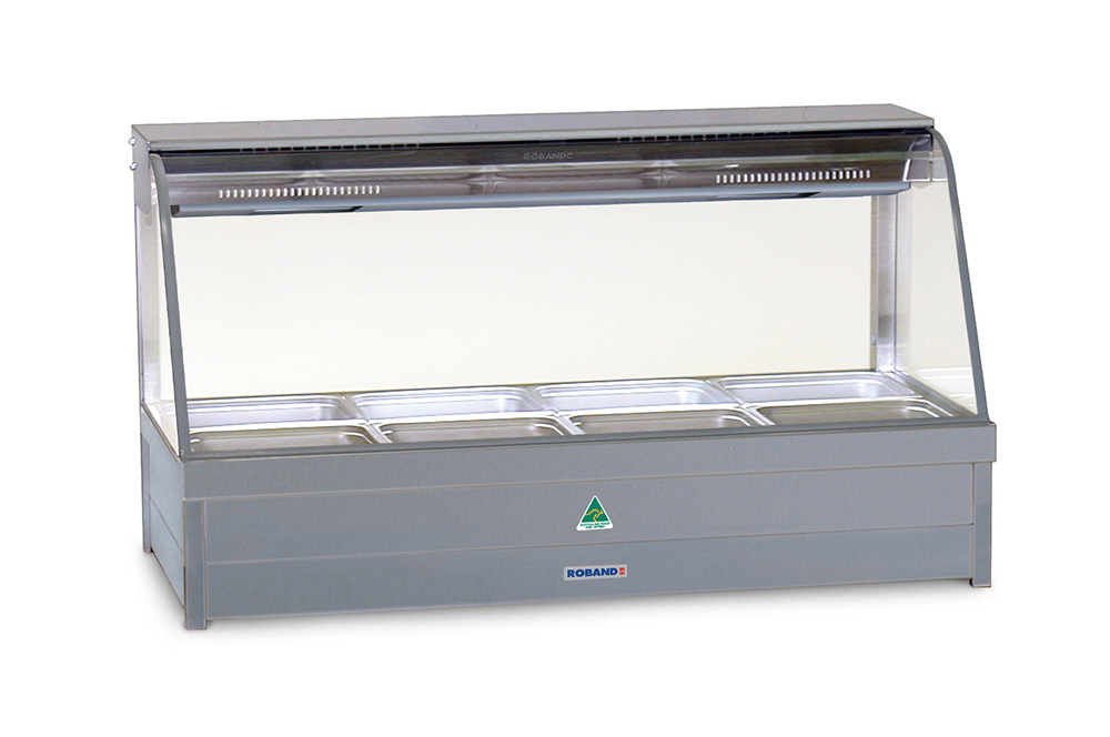 Roband Curved Glass Hot Food Display Bar, 8 pans double row with roller doors