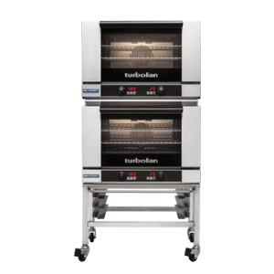 Turbofan E27D3/2 - Full Size Tray Digital Electric Convection Ovens Double Stacked on a Stainless Steel Base Stand