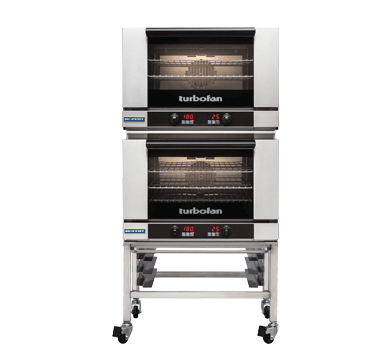 Turbofan E27D3/2 - Full Size Tray Digital Electric Convection Ovens Double Stacked on a Stainless Steel Base Stand