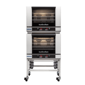 Turbofan E28D4/2 - Full Size Tray Digital Electric Convection Ovens Double Stacked on a Stainless Steel Base Stand