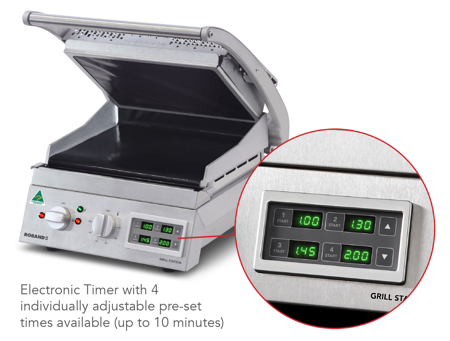 Roband Grill Station Electronic Timer, 6 slice, smooth plates, 9.6 Amp