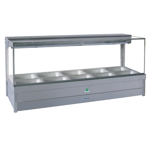 Roband Square Glass Hot Food Display Bar, 10 pans double row with roller doors