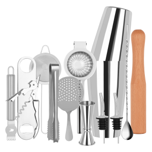 Cocktail Set 14pc Stainless Steel In Bartender Roll